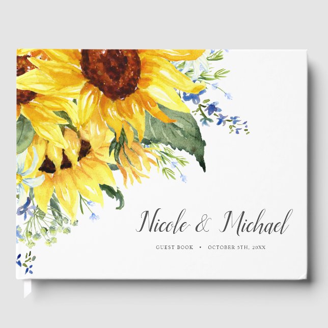 Elegant Watercolor Sunflowers Wedding Guest Book (Front)