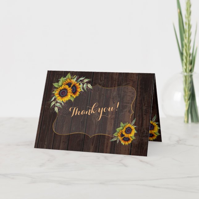 Elegant Watercolor Sunflowers Wood Wedding Thank You Card (Front)
