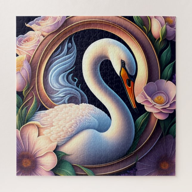 Elegant Watercolor Swan in Oriental Flower  Jigsaw Puzzle (Vertical)