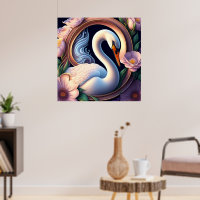 Elegant Watercolor Swan in Oriental Flower