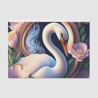 Elegant Watercolor Swan in Oriental Flower Tissue Paper