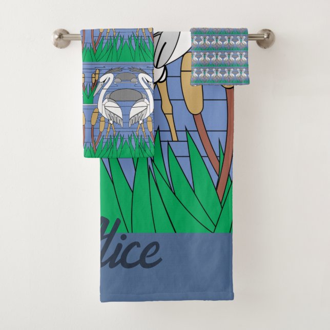  Elegant Watercolor Swans Nature Greenery Graphics Bath Towel Set (Insitu)