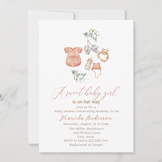 Elegant Watercolor Sweet Baby Girl Baby Shower Invitation (Front)
