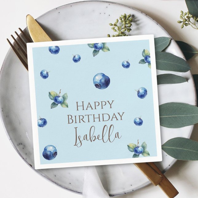 Elegant Watercolor Sweet Blue Berry Happy Birthday Napkin (Creator Uploaded)