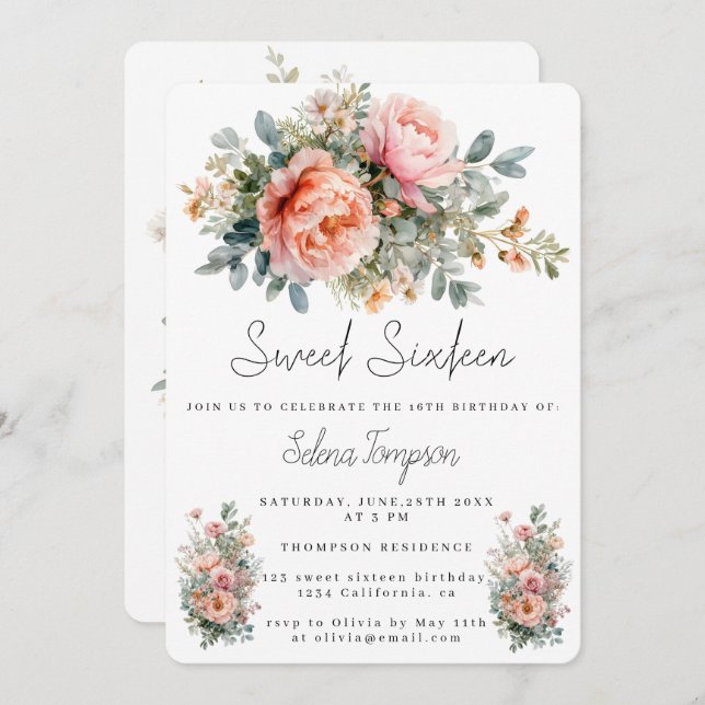 Elegant Watercolor Sweet Sixteen Birthday  Invitation (Front/Back)