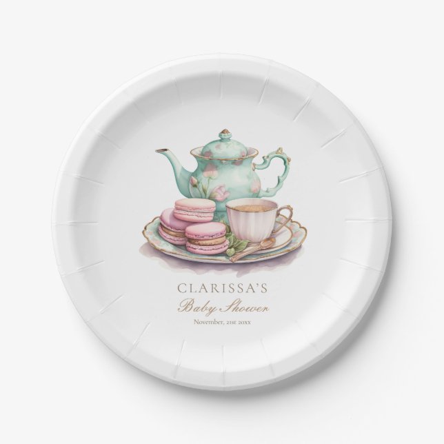 Elegant Watercolor Tea Party Baby Shower Paper Plate (Front)