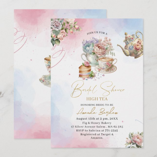 Elegant watercolor tea party girl pink gold bridal invitation (Front/Back)