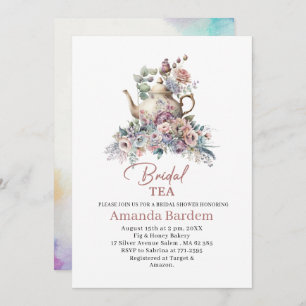 Elegant watercolor tea party girl pink gold bridal invitation