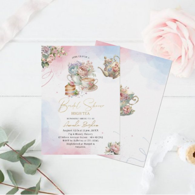 Elegant watercolor tea party girl pink gold bridal invitation (Creator Uploaded)