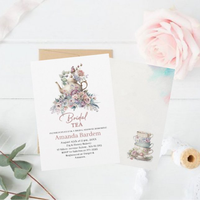 Elegant watercolor tea party girl pink gold bridal invitation (Creator Uploaded)