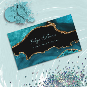 elegant watercolor teal agate on black business card