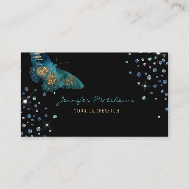 Elegant Watercolor Teal & Gold Glitter Butterfly Business Card (Front)