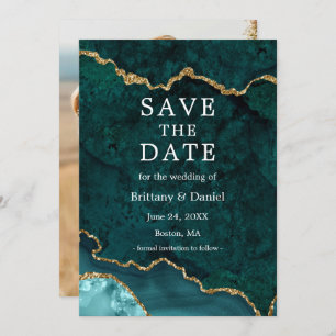 Elegant Watercolor Teal Marble Agate Geode Photo Save The Date