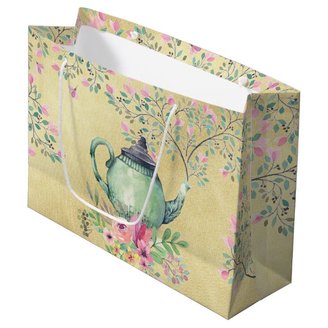 Elegant Watercolor Teapot and Flowers Gold Large Gift Bag (Front Angled)