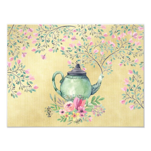 Elegant Watercolor Teapot and Flowers Gold Photo Print (Front)