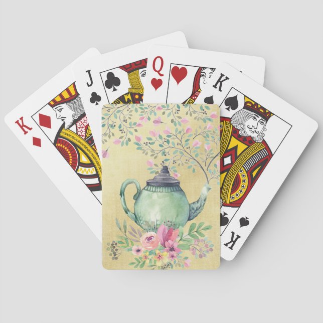 Elegant Watercolor Teapot and Flowers Gold Playing Cards (Back)