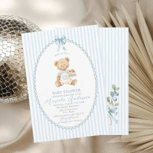 Elegant Watercolor Teddy Bear blue bow Baby Shower Invitation