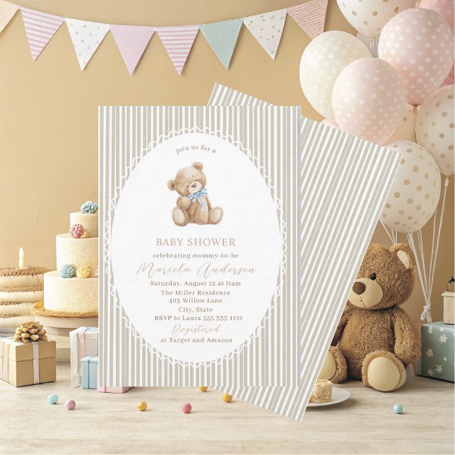 Elegant Watercolor Teddy Bear blue bow Baby Shower Invitation (Creator Uploaded)