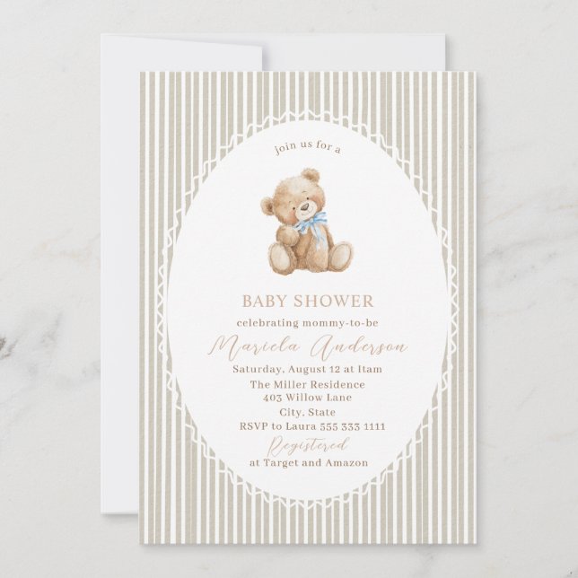 Elegant Watercolor Teddy Bear blue bow Baby Shower Invitation (Front)