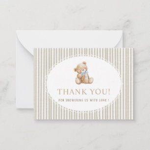 Elegant Watercolor teddy bear bow blue Baby shower Card