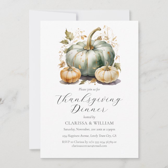 Elegant Watercolor Thanksgiving Dinner Invitation (Front)