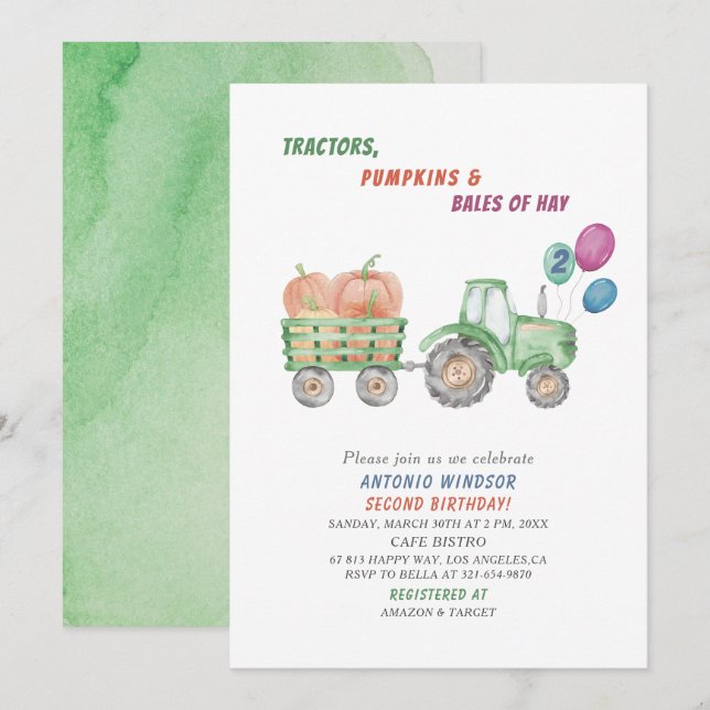 Elegant  Watercolor Tractors Pumpkins Baby Shower Invitation (Front/Back)
