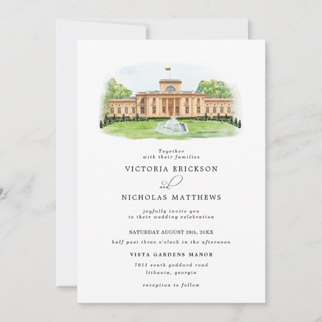 Elegant Watercolor Trakų Vokė Manor Wedding  Invitation (Front)