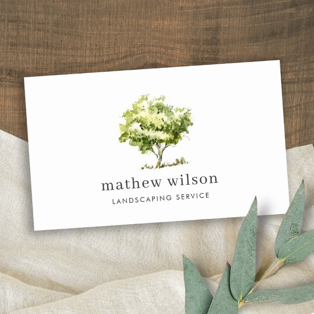 Elegant Watercolor Tree Lawnmowing Lawn Care Business Card (Creator Uploaded)