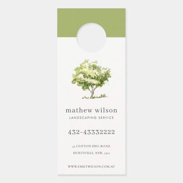 Elegant Watercolor Tree Lawnmowing Lawn Care Door Hanger (Back)