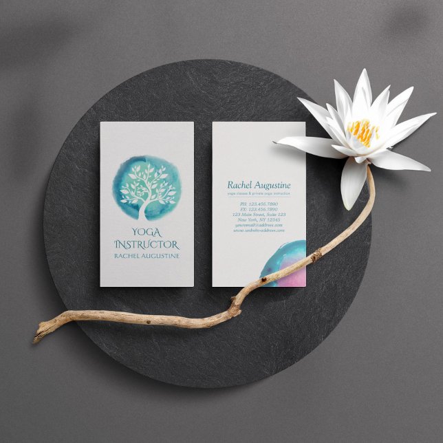 Elegant Watercolor Tree Yoga Meditation Instructor Business Card (Creator Uploaded)