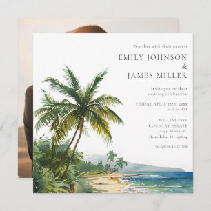 Elegant Watercolor Tropical Beach Photo Wedding Invitation
