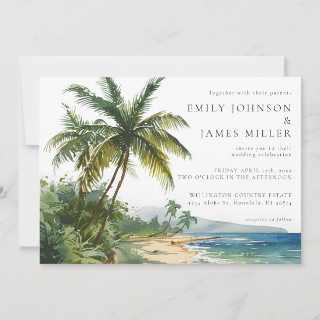 Elegant Watercolor Tropical Beach QR Code Wedding Invitation (Front)