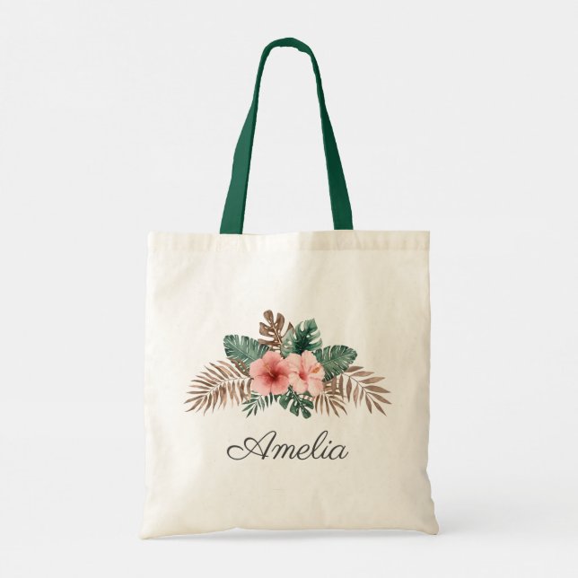 Elegant Watercolor Tropical Floral Bridesmaid Tote Bag (Back)