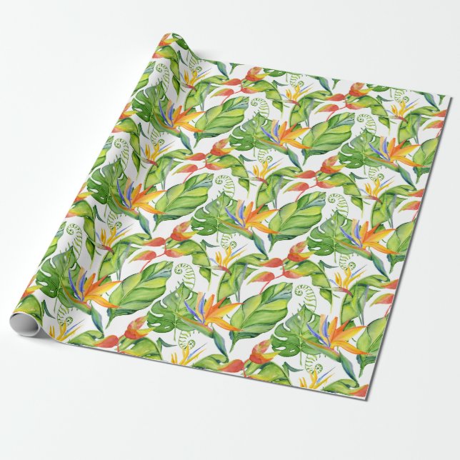 Elegant Watercolor Tropical Floral Pattern Wrapping Paper (Unrolled)