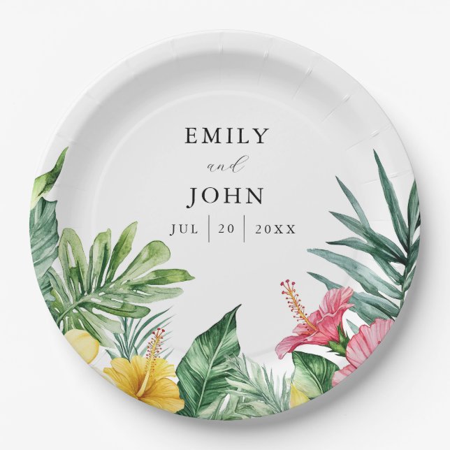 Elegant Watercolor Tropical Floral Wedding Paper Plate (Front)