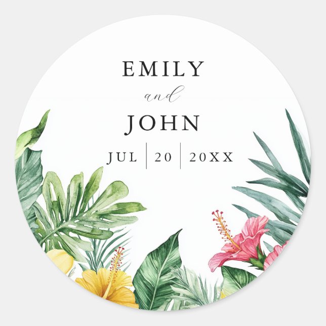 Elegant Watercolor Tropical Flowers Wedding Favour Classic Round Sticker (Front)