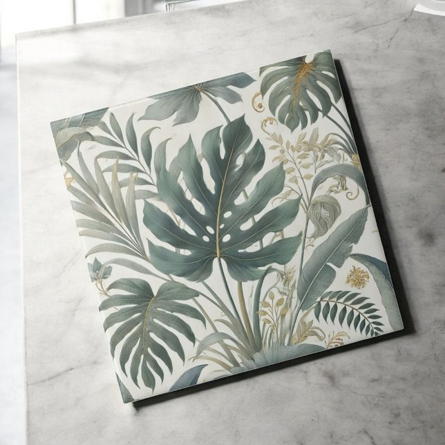 Elegant Watercolor Tropical Green Botanical Floral Tile (Creator Uploaded)