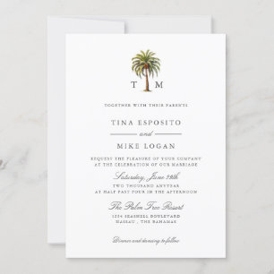 Elegant Watercolor tropical palm tree Monogram Invitation