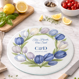 Elegant Watercolor Tulip Wreath Wedding Blue Ivory Cutting Board