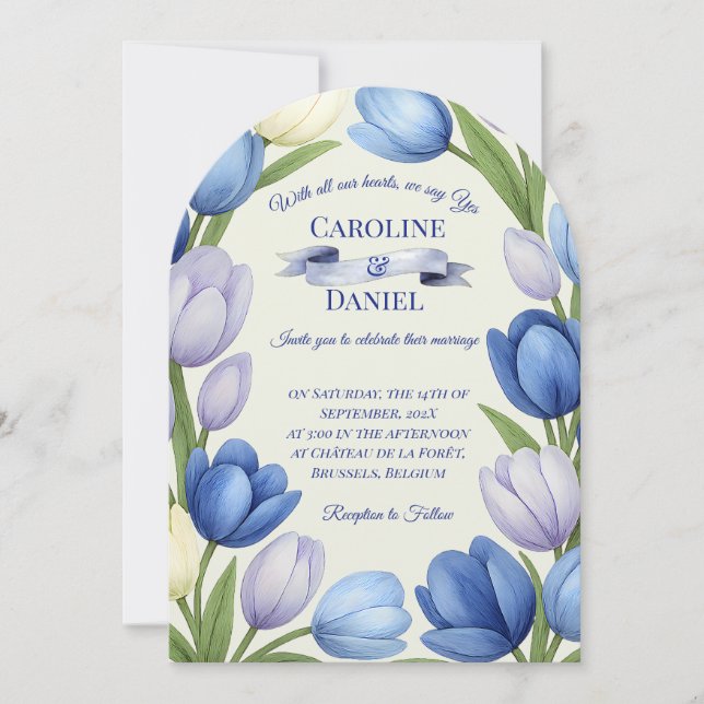Elegant Watercolor Tulip Wreath Wedding Blue Ivory Invitation (Front)