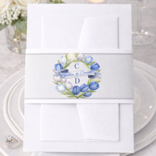 Elegant Watercolor Tulip Wreath Wedding Blue Ivory Invitation Belly Band
