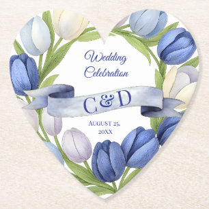 Elegant Watercolor Tulip Wreath Wedding Blue Ivory Paper Coaster