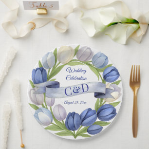 Elegant Watercolor Tulip Wreath Wedding Blue Ivory Paper Plate