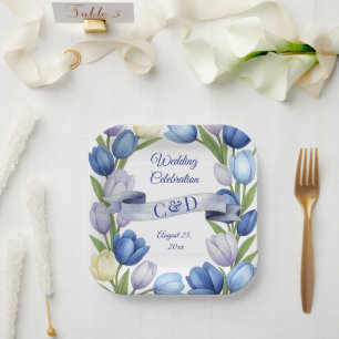 Elegant Watercolor Tulip Wreath Wedding Blue Ivory Paper Plate