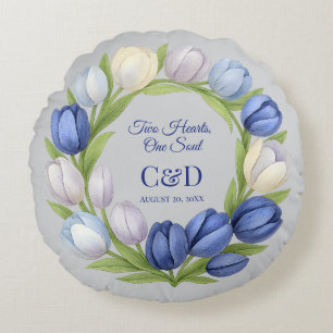 Elegant Watercolor Tulip Wreath Wedding Blue Ivory Round Cushion