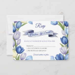 Elegant Watercolor Tulip Wreath Wedding Blue Ivory RSVP Card