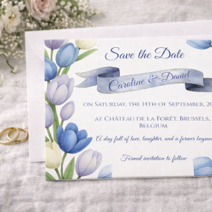 Elegant Watercolor Tulip Wreath Wedding Blue Ivory Save The Date