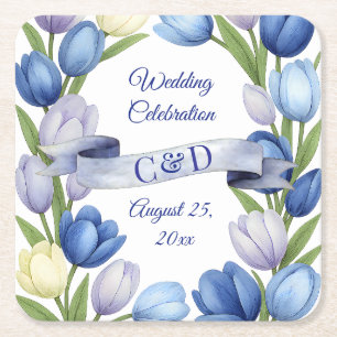 Elegant Watercolor Tulip Wreath Wedding Blue Ivory Square Paper Coaster