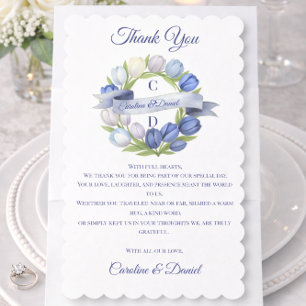Elegant Watercolor Tulip Wreath Wedding Blue Ivory Thank You Card