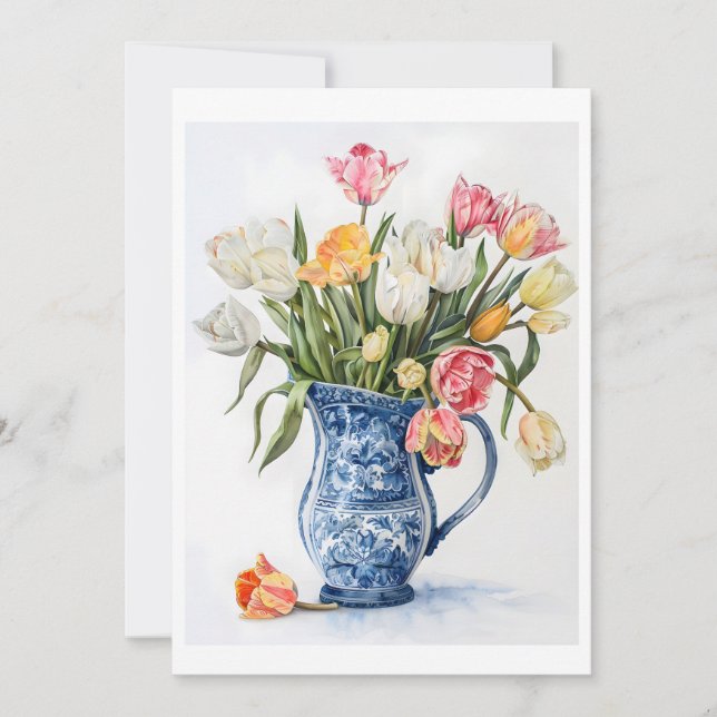 Elegant Watercolor Tulips in Blue Delft Vase (Front)